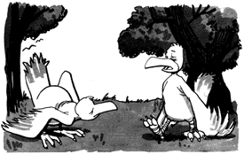 [Cartoon of two birds freshly lighted on the ground]